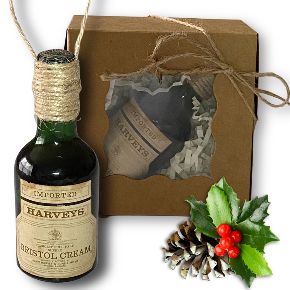 Harveys Bristol Cream Sherry Artisan Vintage Glass Miniature Bottle Ornament